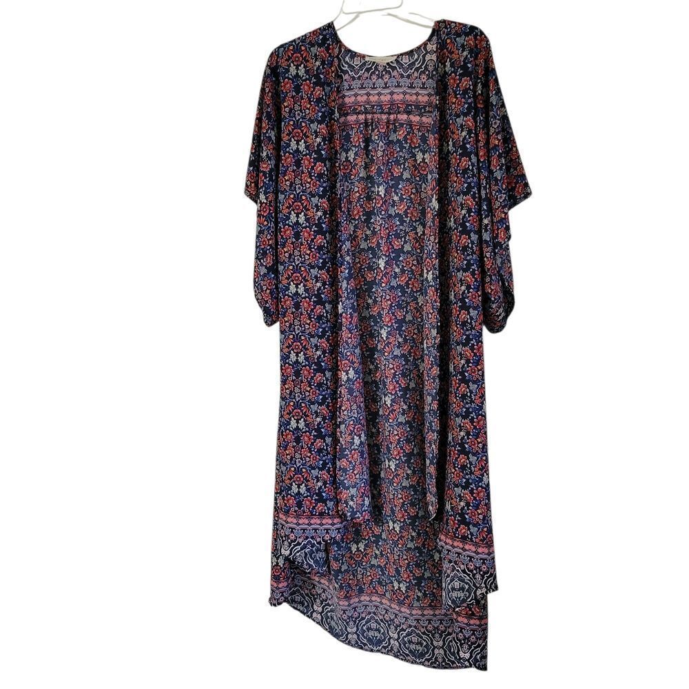 Band of Gypsies Bohemian Maxi Floral Duster Kimono  - Navy and Coral
